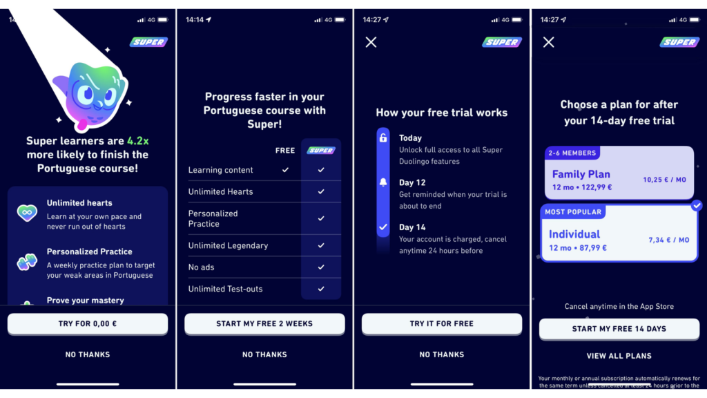 App paywalls: Hard vs soft models and how to optimise them 1 Different Duolingo app paywalls