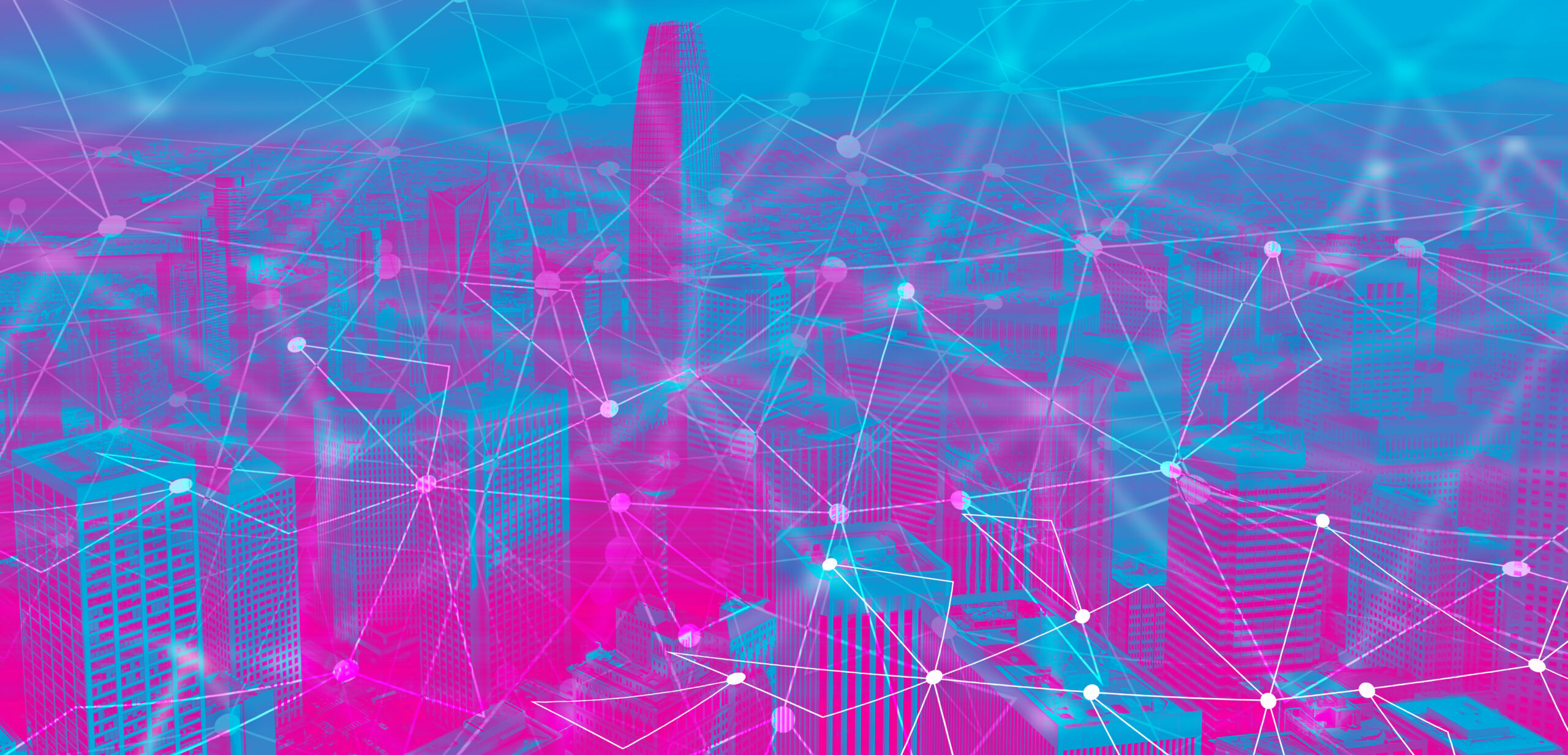 Abstract cityscape overlaid with connected data points and network lines, representing first-party data, digital connectivity and mobile user acquisition.